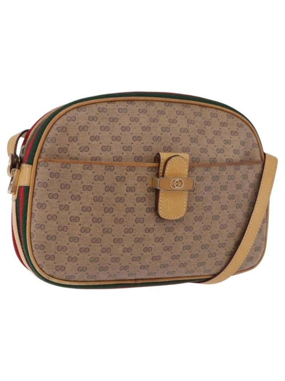 Authentic GUCCI Micro GG Shoulder Bag PVC Leather Beige Gold Tone